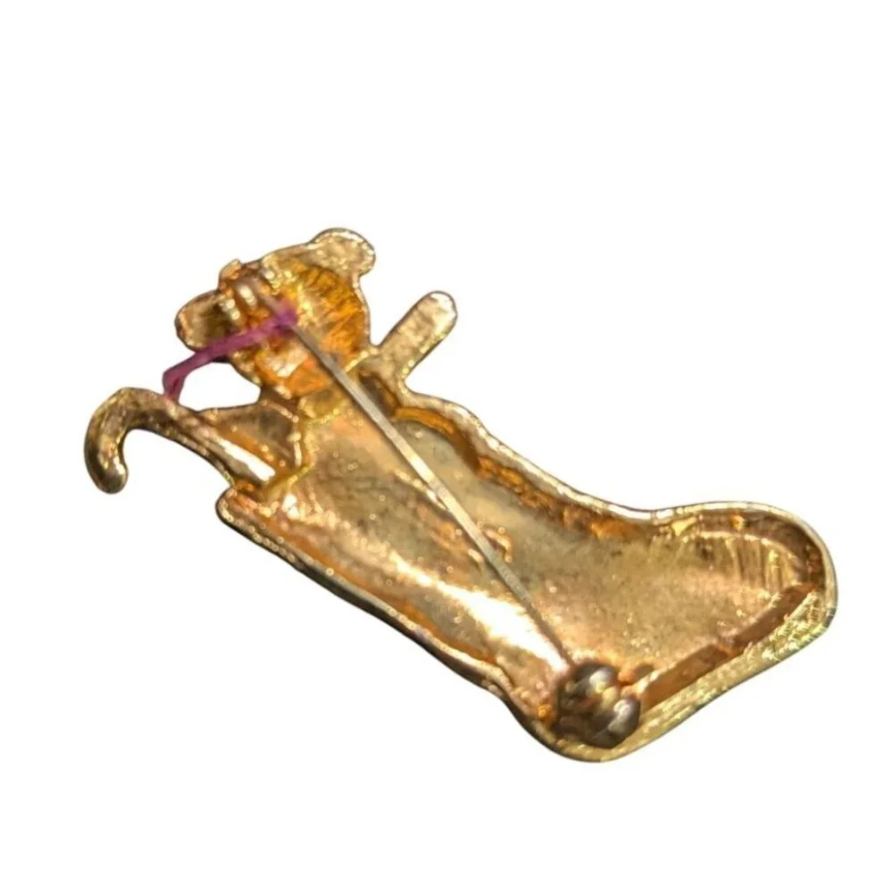 Vintage Christmas Bear In Stocking‎ Red & Green Enamel Gold-Tone Brooch Pin